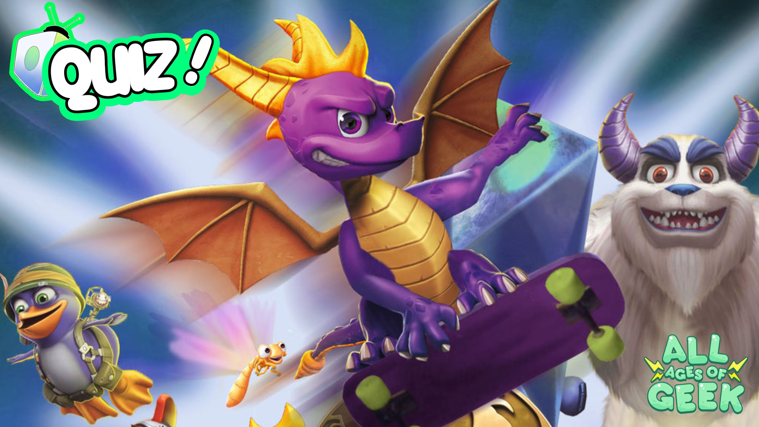 spyro is riding a skateboard for the quiz on All Ages of Geek