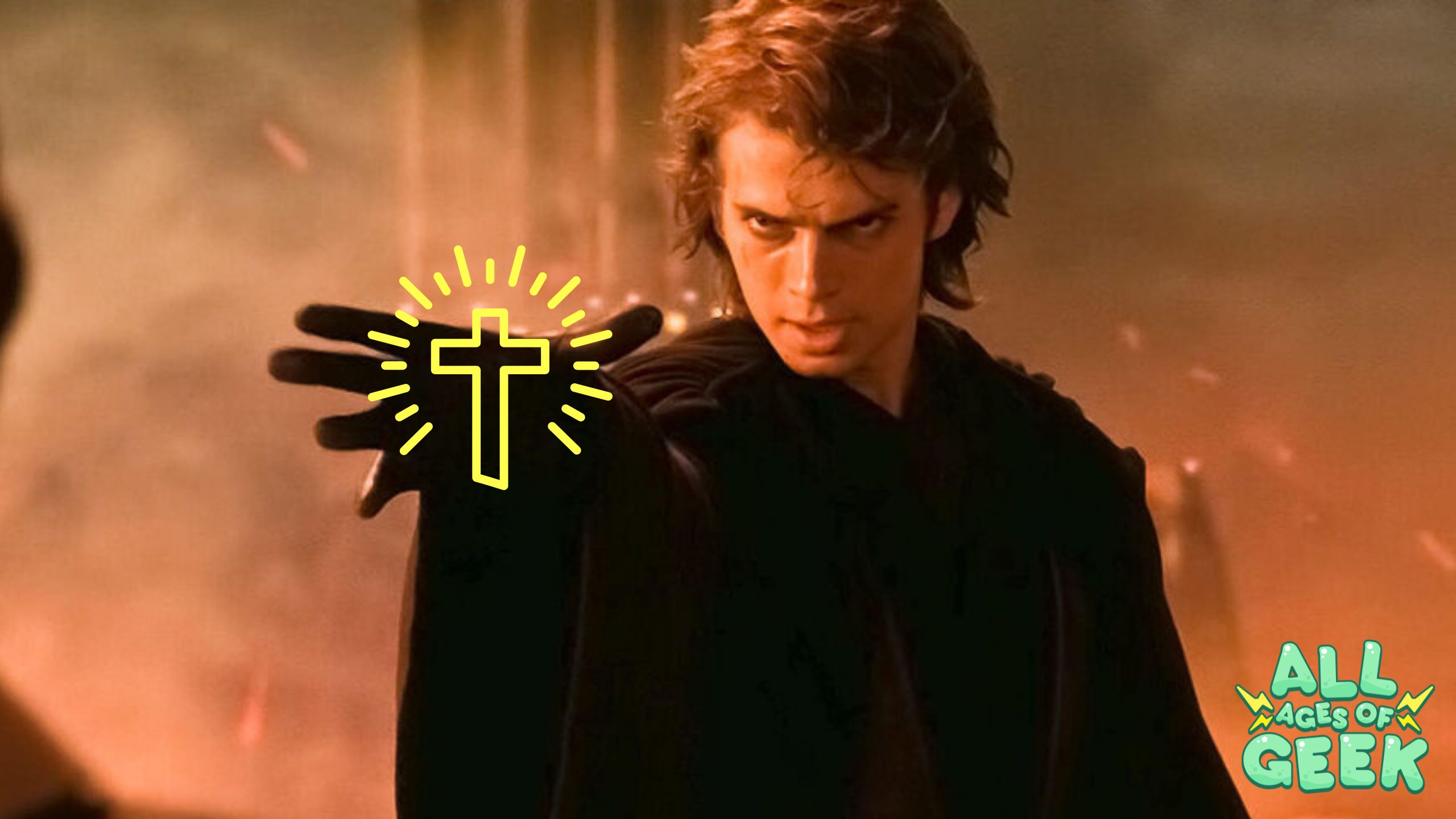 The image features a person Anakin from Star Wars with a focused and intense expression. They are extending their hand forward with a symbol that appears to represent a cross radiating with light superimposed over it, suggesting a thematic emphasis on the individual's action. The person is dressed in a dark outfit, which could be indicative of a particular role or character within a narrative. In the background, there is an orange, hazy ambiance that adds a dramatic effect to the scene. The logo "All Ages of Geek" is visible in the bottom right