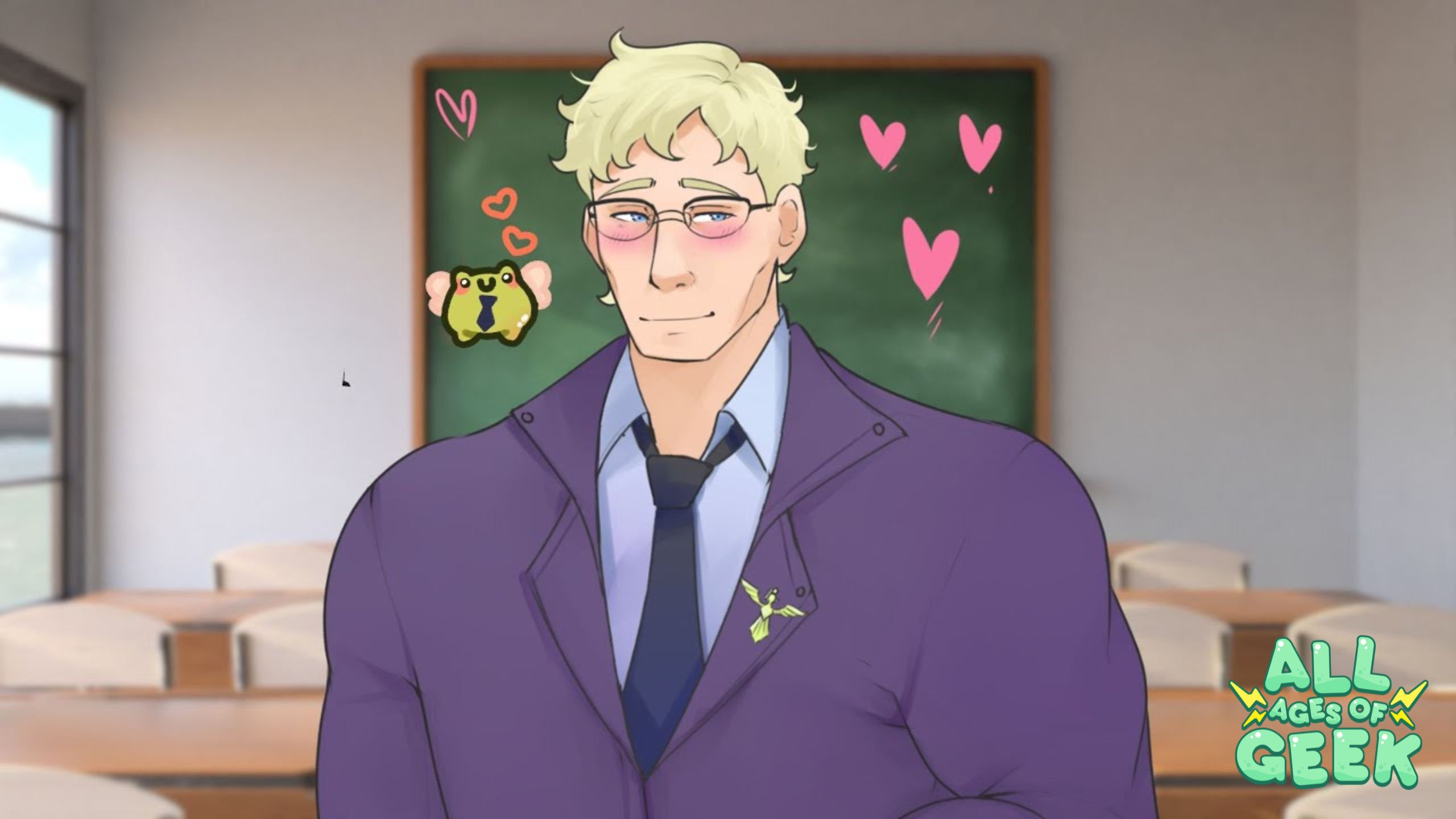 Conrad is with a frog Conrad is muscular and has blonde hair and glasses from I MARRIED A MONSTER ON A HILL