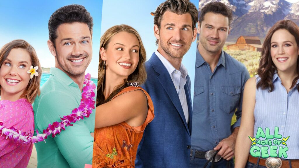 Promotional collage featuring scenes from Hallmark's Countdown to Summer movies: 'Two Tickets to Paradise,' 'Feeling Butterflies,' and 'A Summer Romance,' with All Ages of Geek logo.