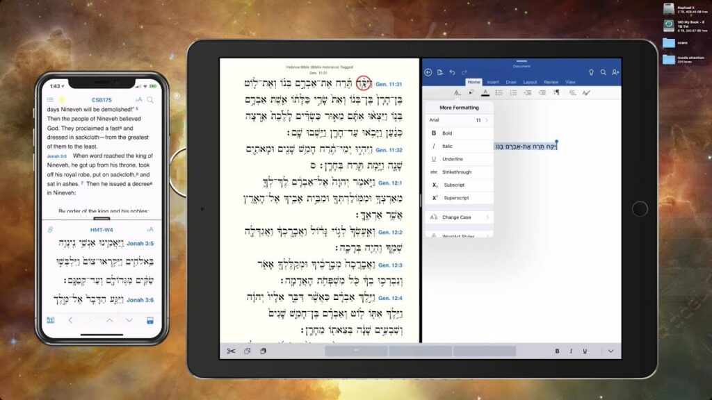 A mobile phone and tablet displaying the Accordance Mobile app, featuring Hebrew text from the Bible and text formatting tools on the tablet.