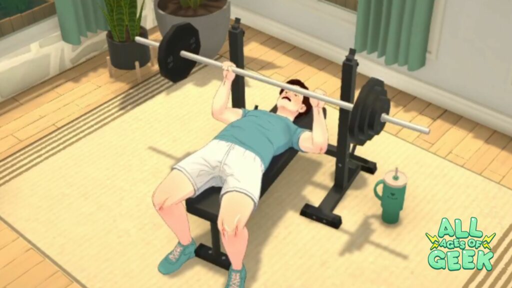 A digital illustration of a person in a teal shirt and white shorts performing a bench press exercise with a barbell in a bright room. A teal water bottle is placed on the floor next to the bench. The All Ages of Geek logo is in the bottom right corner.