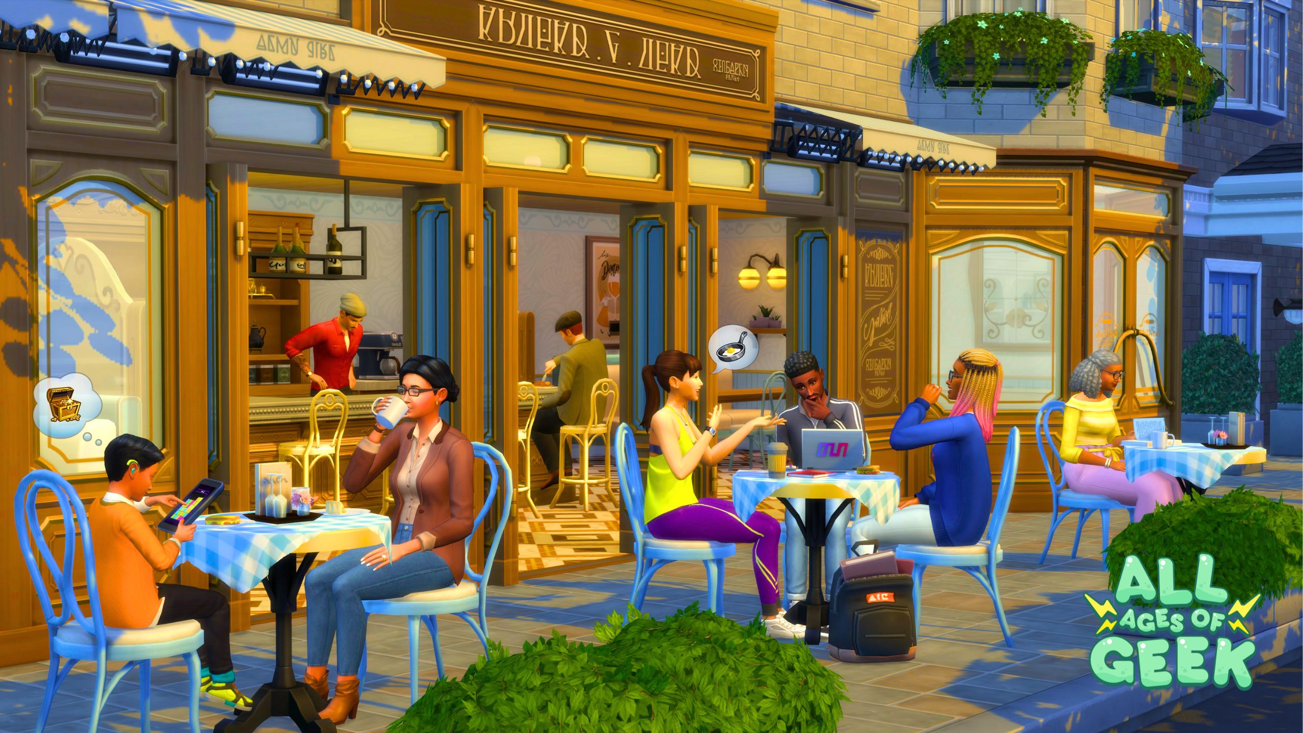Riviera Retreat A scene from The Sims 4 showing a cozy bistro with Sims enjoying their time outside. Some Sims are seated at tables, drinking coffee, and chatting, while others are using electronic devices. The bistro has a charming, classic look with blue chairs and checkered tablecloths. The "All Ages of Geek" logo is visible in the bottom right corner.
