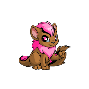 A digital illustration of a cute, small creature resembling a lion cub. It has light brown fur, a prominent tuft of bright pink hair on its head and neck, large expressive red eyes, and dark eyebrows. Its ears are large and pointed, with pink inner linings, and its tail is bushy, ending in another tuft of pink fur. The creature sits on its haunches, one paw raised as if in a friendly wave.