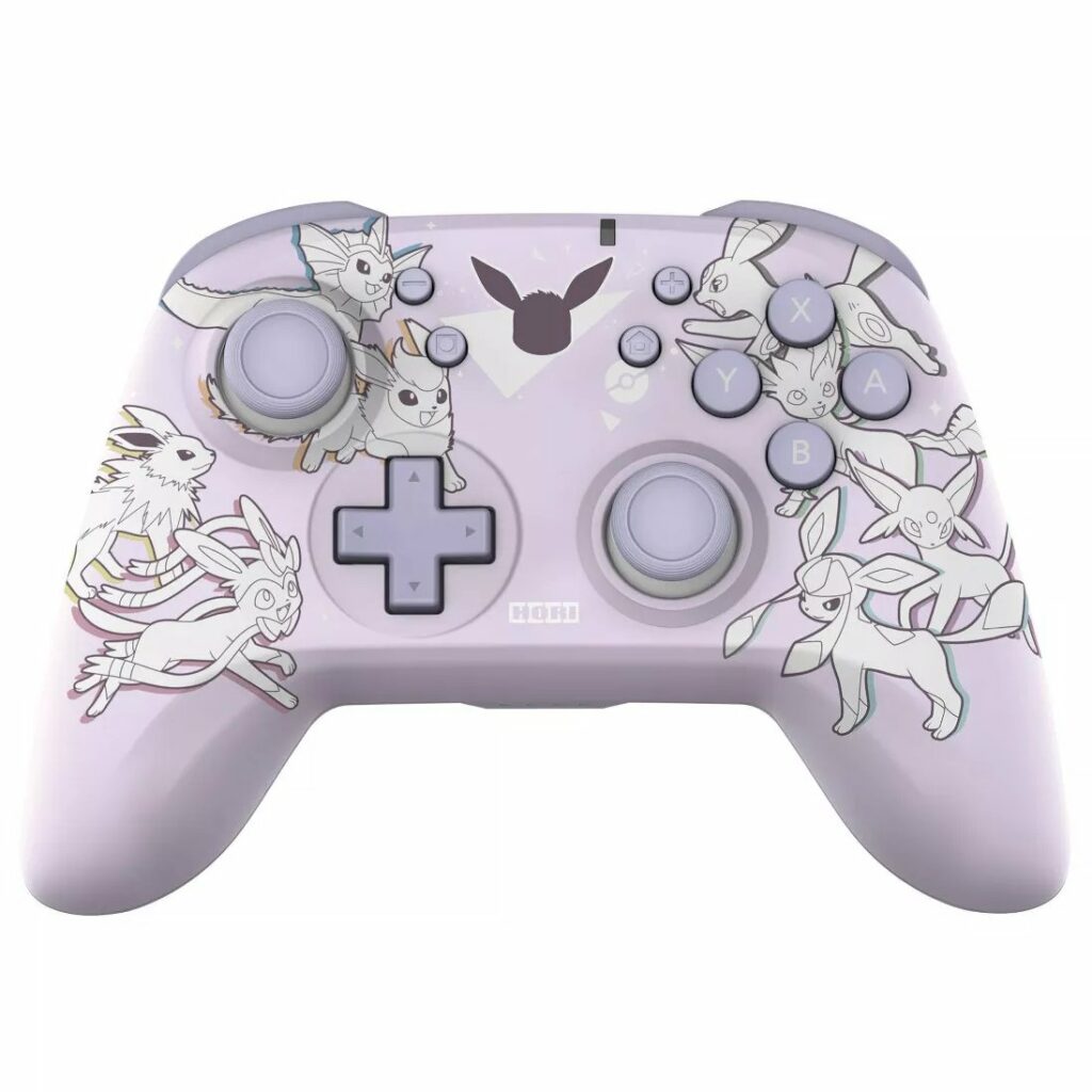 A lavender-colored Nintendo Switch wireless controller features adorable artwork of Eevee and its evolutions, including Vaporeon, Jolteon, Flareon, Espeon, Umbreon, Leafeon, Glaceon, and Sylveon. The characters are outlined in a minimalist style, adding a playful touch to the controller. The buttons and joysticks match the soft purple theme, and an Eevee silhouette is prominently displayed in the center. This charming design makes it a must-have for any Pokémon fan.