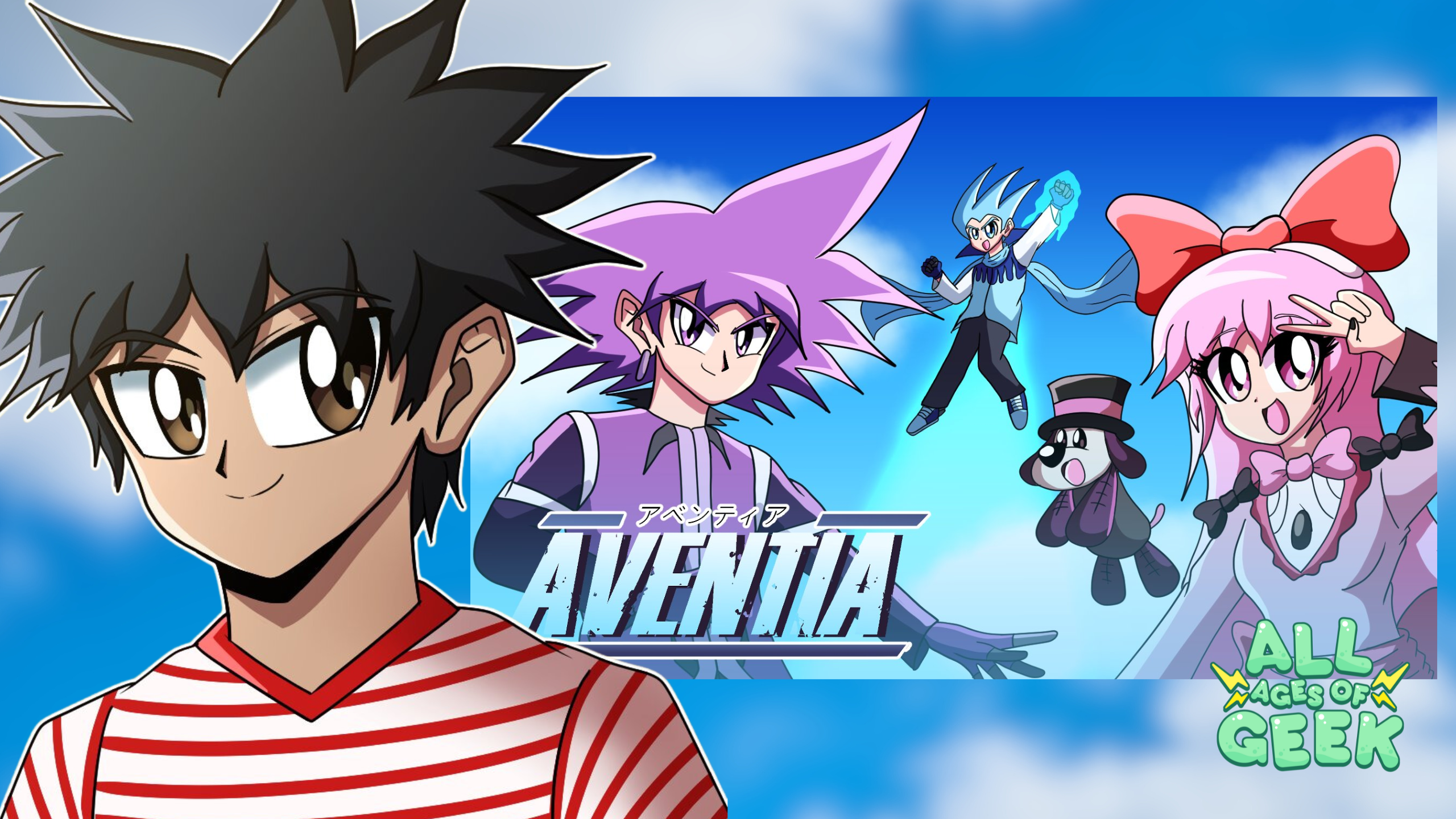 The image is a promotional poster for the series "Aventia," featuring anime-style characters against a blue sky with clouds. The main character on the left is a young boy with spiky black hair and large brown eyes, wearing a red and white striped shirt. To the right, there is a purple-haired character with sharp, confident eyes, and a blue-haired character in a dynamic pose with a glowing blue hand. A girl with pink hair, a big red bow, and a cheerful expression, holding a small dog-like figure with a top hat, is also featured. The title "Aventia" is prominently displayed in the center, with "All Ages of Geek" branding in the bottom right corner.