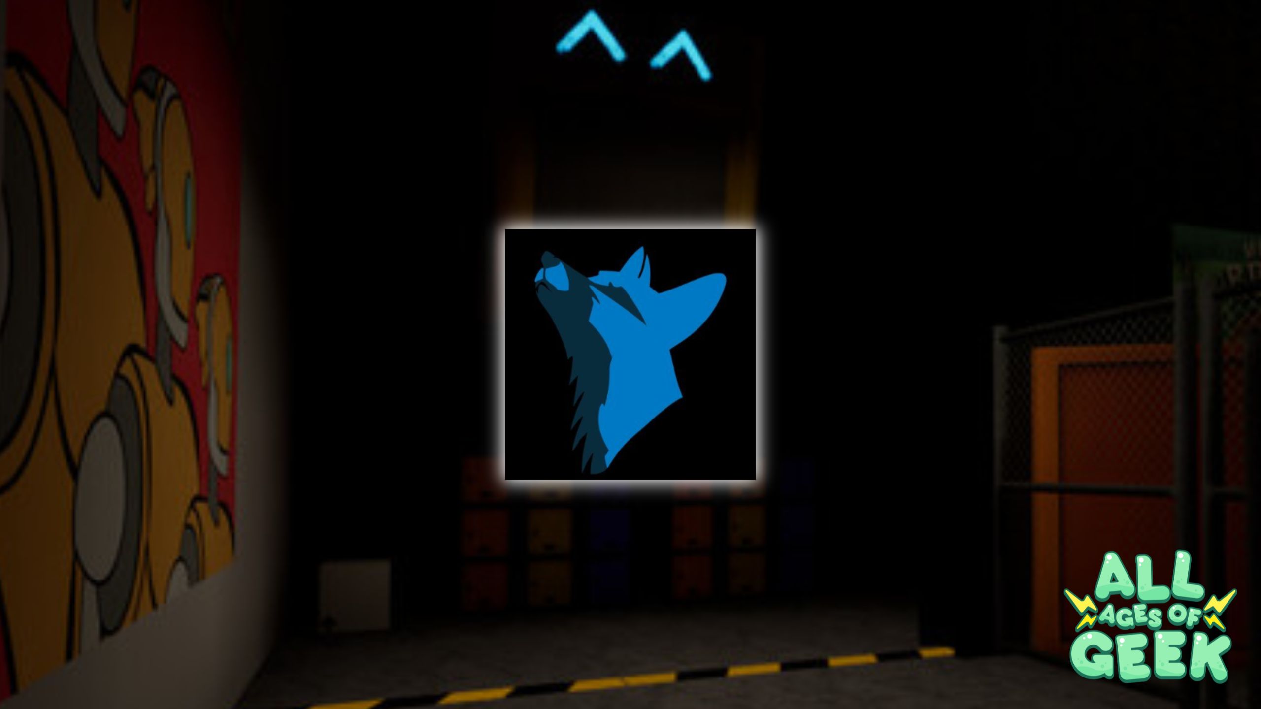 A dimly lit room with a glowing sign displaying a blue wolf head, the logo of Belfrost Studios, prominently in the center. The background features colorful robotic artwork on the left wall and a chain-link fence on the right. The "All Ages of Geek" logo is displayed in the bottom right corner.