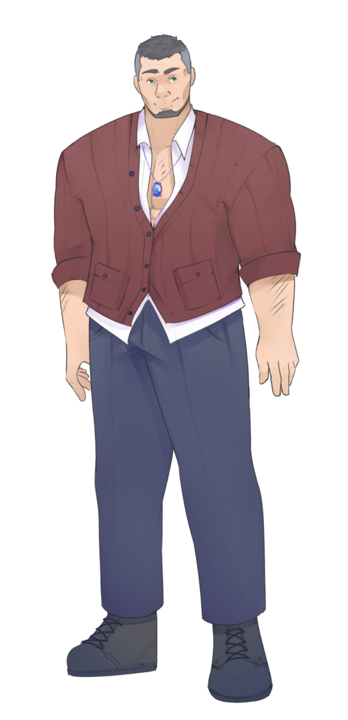 The image shows a character from "I Married a Monster on a Hill." He is a tall, muscular man with short, dark hair and a neatly trimmed beard. He has light skin and green eyes. He is wearing a maroon cardigan over a white dress shirt, which is unbuttoned at the top, revealing a pendant necklace with a blue stone. He also wears dark blue pants and black boots. The character has a calm and approachable expression, with one hand relaxed at his side and the other partially visible, tucked into his pocket.