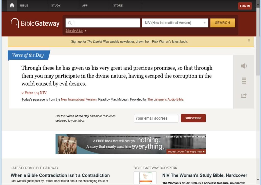 A screenshot of the Bible Gateway website homepage, featuring the 'Verse of the Day' and various Bible study resources and tools.