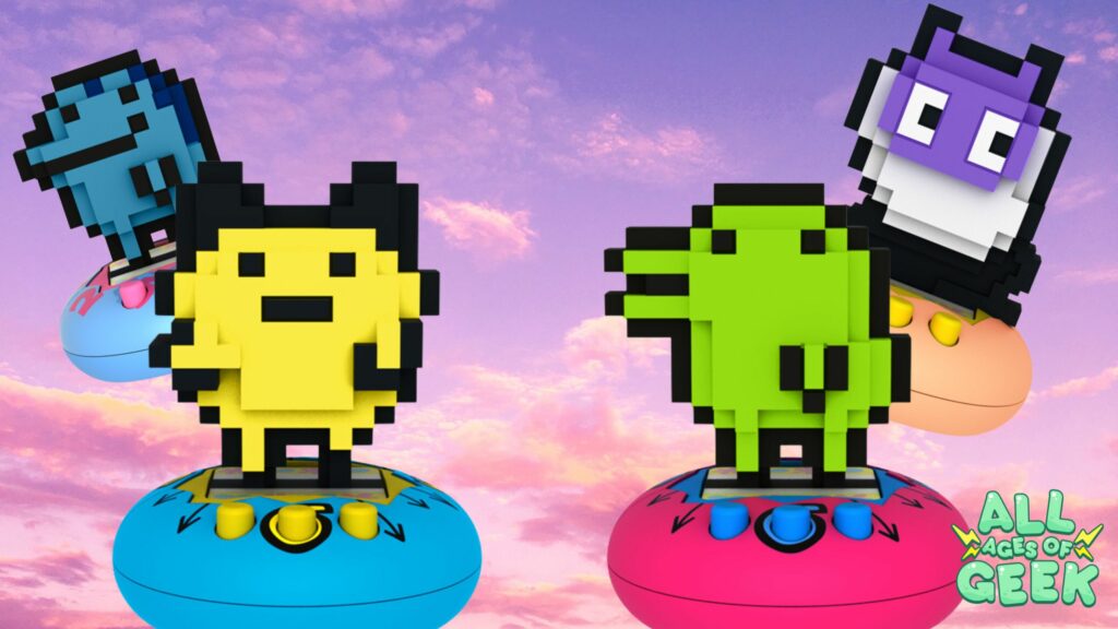 Four pixelated Tamagotchi figures from the Choco Sap series are displayed on colorful pedestals resembling Tamagotchi devices. The characters include a blue figure, a yellow figure with black ears, a green figure, and a purple and white figure. The figures are set against a backdrop of a pink and purple sky. The All Ages of Geek logo is visible in the bottom right corner.