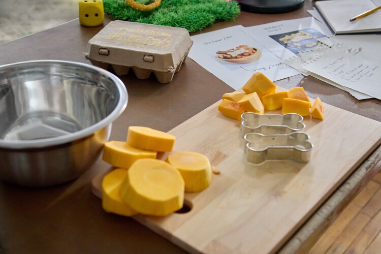 A kitchen counter with sliced squash, bone-shaped cookie cutters, and other ingredients.
