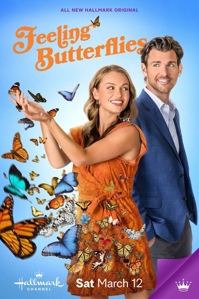 "Kayla Wallace and Kevin McGarry in a promotional image for Hallmark's Countdown to Summer movie 'Feeling Butterflies.'"