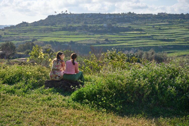 Two women sitting in a field, facing a beautiful green landscape. From Hallmark's "For Love & Honey"
