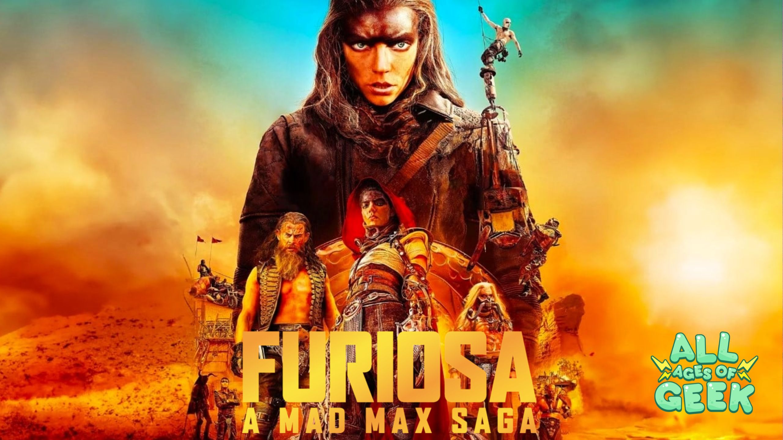 "Furiosa: A Mad Max Saga" movie poster featuring a fierce central character surrounded by other post-apocalyptic figures in a desert setting, with the All Ages of Geek logo in the corner.