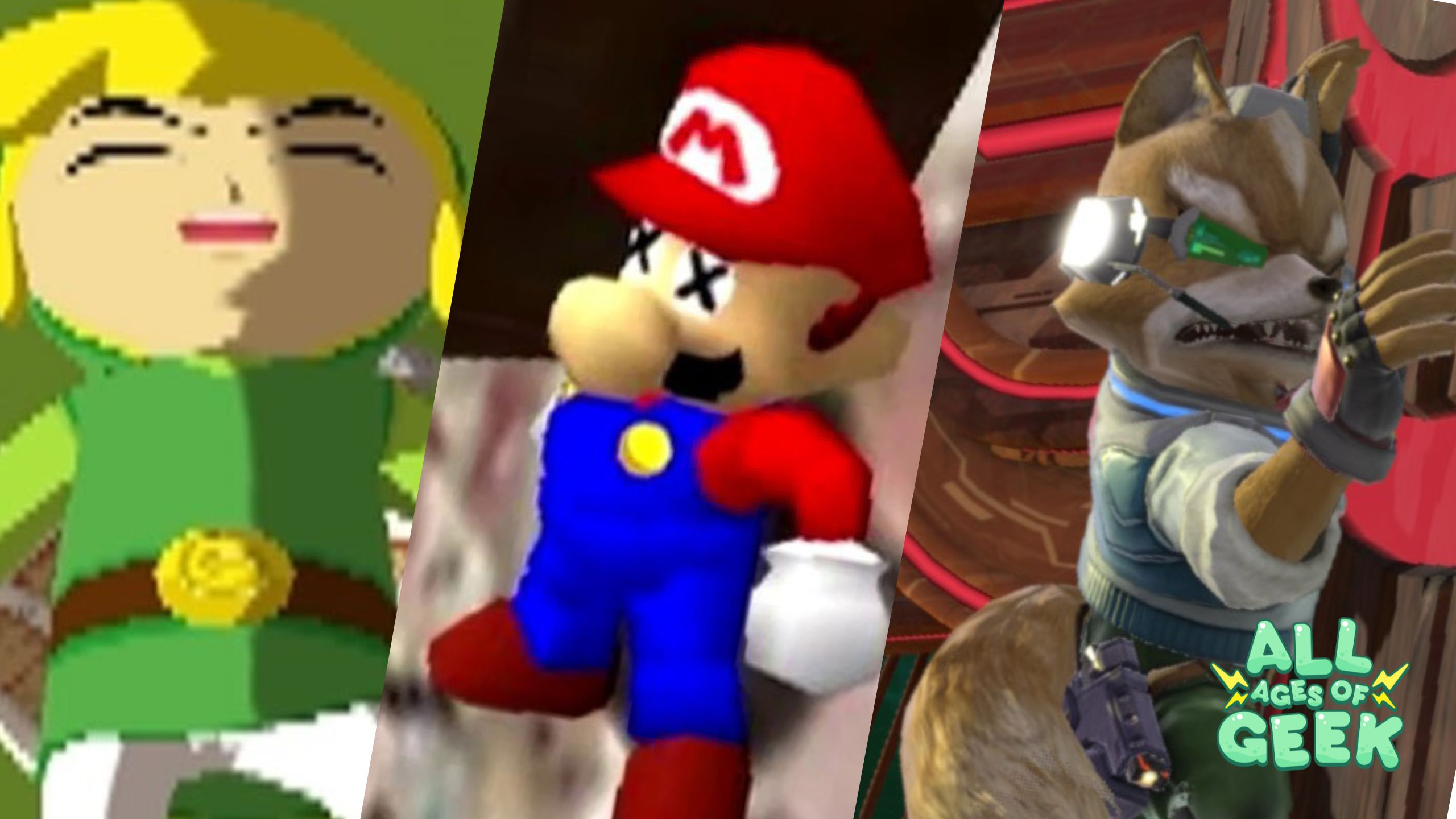 Image showing three humorous gaming fails. From left to right: 1. Link from The Legend of Zelda appears with a frustrated expression. 2. Mario from Super Mario is depicted with Xs over his eyes, indicating a "game over" or fail moment. 3. Fox McCloud from Star Fox has an exasperated look on his face, seemingly in the middle of a chaotic situation. The All Ages of Geek logo is present in the bottom right corner.