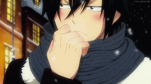 Gray Fullbuster from Fairy Tail blushing and looking shy while wearing a winter scarf and coat.
