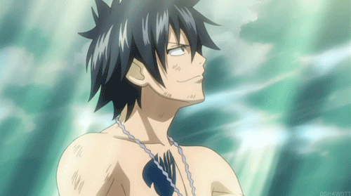 Gray Fullbuster from Fairy Tail looking confident with a smirk and an ice-blue aura behind him.