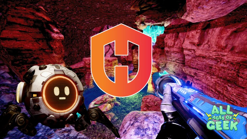 A scene from a video game by Honour Bound Studio, featuring a futuristic underground cave environment with glowing crystals. On the left, a robotic character with a round head and expressive face is visible. On the right, a player character's arm holding a high-tech weapon is shown. In the center, the Honour Bound Studio logo is prominently displayed. The "All Ages of Geek" logo is visible in the bottom right corner.