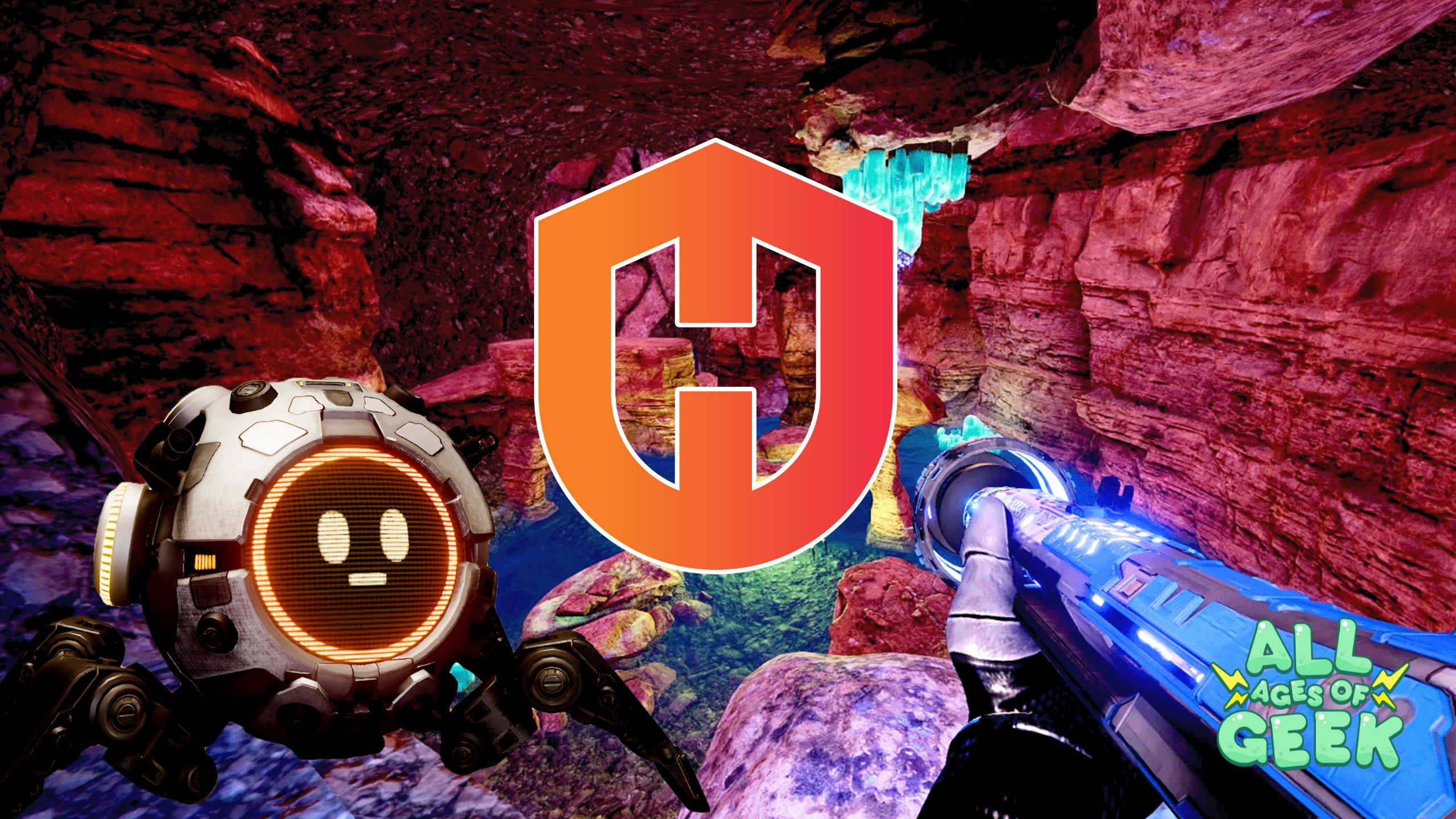 A scene from a video game by Honour Bound Studio, featuring a futuristic underground cave environment with glowing crystals. On the left, a robotic character with a round head and expressive face is visible. On the right, a player character's arm holding a high-tech weapon is shown. In the center, the Honour Bound Studio logo is prominently displayed. The "All Ages of Geek" logo is visible in the bottom right corner.