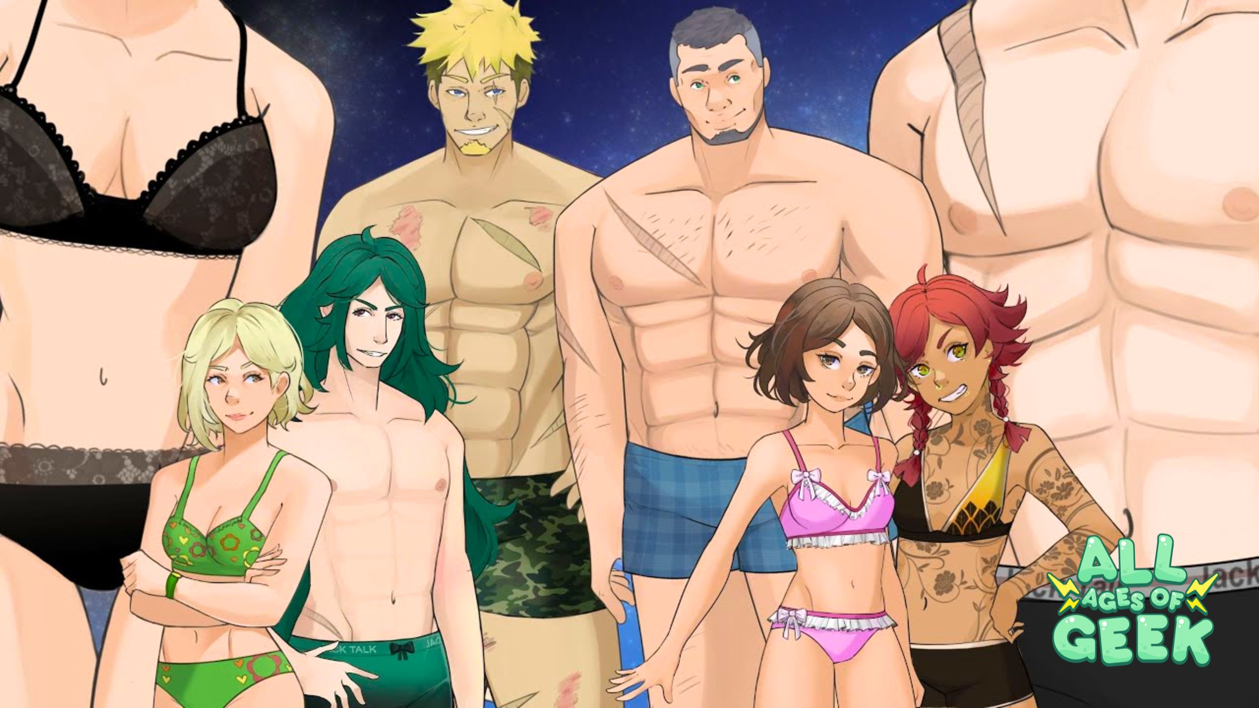 "I Married a Monster on a Hill" SFW Underwear Pack One features a vibrant illustration of the six characters in various underwear. From left to right: Scarlett, a young woman with short blonde hair, wearing a green bra and panties; Wagner, a short and lean man with long green hair, wearing black underwear; John, a muscular man with short blonde hair, with visible scars on his chest, wearing camouflage shorts; Bevvy, a tall and burly man with short black hair, wearing blue plaid boxers; Bea, a petite woman with short brown hair, wearing a pink bra and panties set; and Chappy, a tattooed woman with short red hair, wearing a black and yellow bra and panties set. The All Ages of Geek logo is in the bottom right corner.
