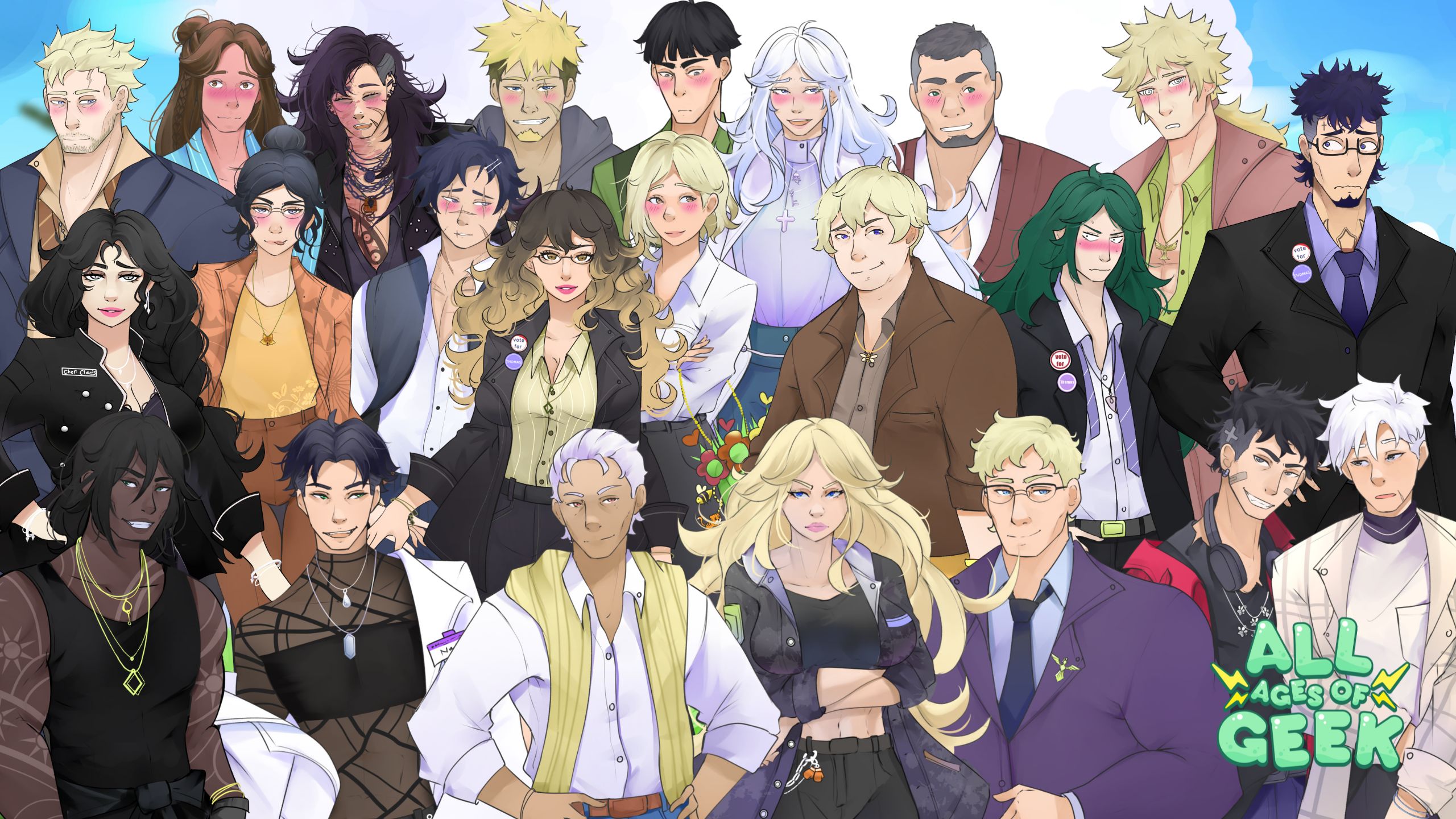 The image features a diverse cast of characters from "I Married a Monster on a Hill" Pack One, showcasing a range of unique personalities and styles. Each character has distinct features and expressions, dressed in various outfits that highlight their individuality. The arrangement is set against a soft gradient background, with the "All Ages of Geek" logo displayed in the bottom right corner. This illustration captures the vibrant and varied group that players will meet in the visual novel game.