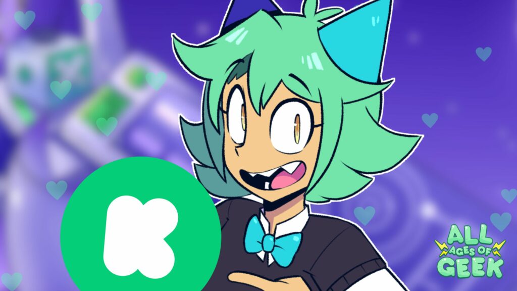 Kasai, the All Ages of Geek mascot, is featured in a colorful and vibrant illustration. Kasai has light green hair, a blue bow tie, and cat-like ears. He is smiling enthusiastically while pointing to a large green Kickstarter logo. The background is a blurred mix of purples and blues with heart shapes scattered throughout. The All Ages of Geek logo is visible in the bottom right corner.