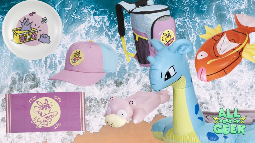 Image showing various Pokémon-themed summer items on a beach background. Items include a plate with Ditto and a boombox, a cooler bag with Pikachu, a pink and blue cap with Pikachu surfing, a purple towel with Pikachu, inflatable pool floats of Lapras and Magikarp, and a pink Slowpoke float. The All Ages of Geek logo is in the bottom right corner.
