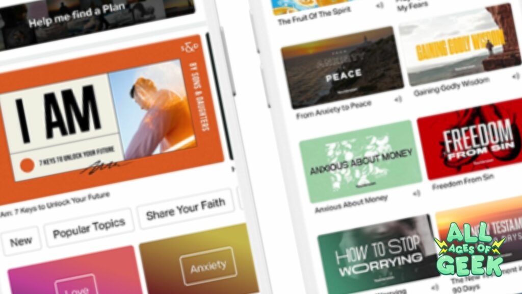 Screenshot of various Bible study plans and devotionals from a Bible app, including topics like 'I Am: 7 Keys to Unlock Your Future,' 'Anxious About Money,' 'How to Stop Worrying,' and 'Freedom From Sin,' with the All Ages of Geek logo at the bottom right corner.
