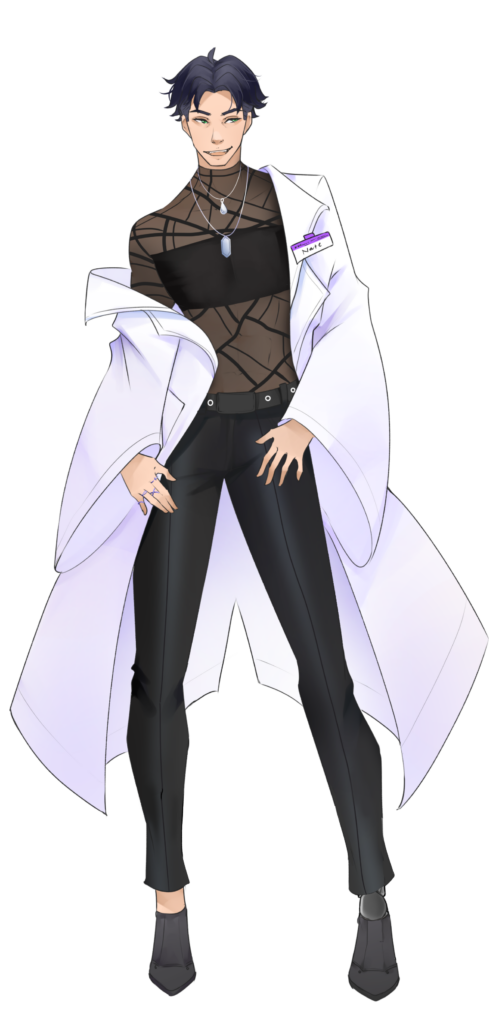 Nate, from "I Married a Monster on a Hill," is depicted as a tall, confident character with short, dark hair and green eyes. He wears a stylish black outfit, including a form-fitting mesh top with geometric patterns and high-waisted pants, paired with sleek black shoes. Over this, he has a white lab coat draped casually over his shoulders, featuring a name tag with his name written on it. His accessories include multiple rings and necklaces, adding a touch of flair to his look. Nate has a friendly yet mischievous expression, suggesting a charismatic and engaging personality.