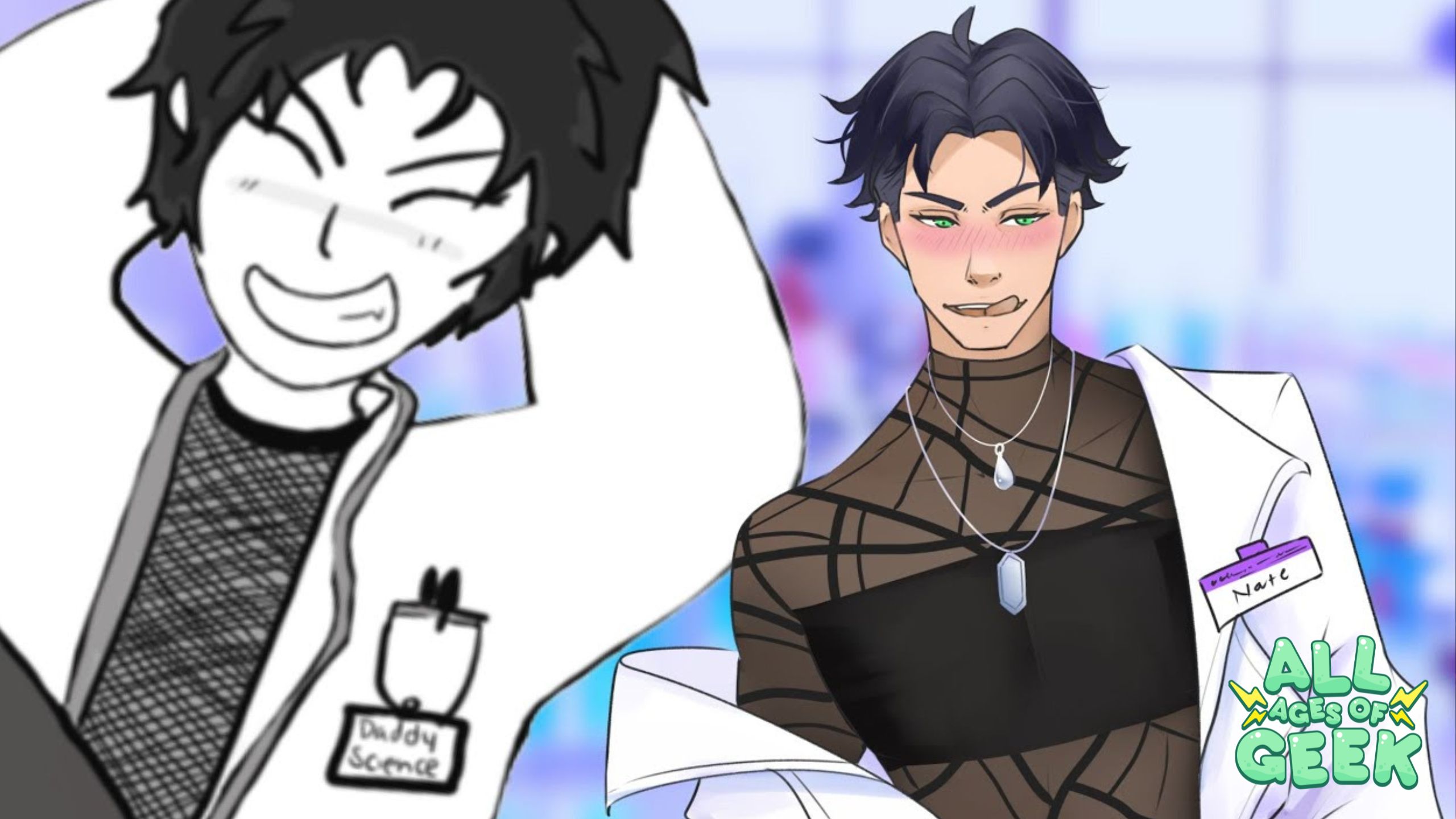 The image features Nate from "I Married a Monster on a Hill." On the left, there is a black-and-white drawing of Nate with a cheerful expression, labeled "Daddy Science" on his name tag. On the right, the colored version of Nate stands with a slight blush, wearing a stylish mesh top with geometric patterns and multiple necklaces. He has his lab coat draped over his shoulders, displaying a name tag with "Nate" written on it. The background is a softly blurred indoor setting with cool tones. The All Ages of Geek logo is displayed in the bottom right corner.