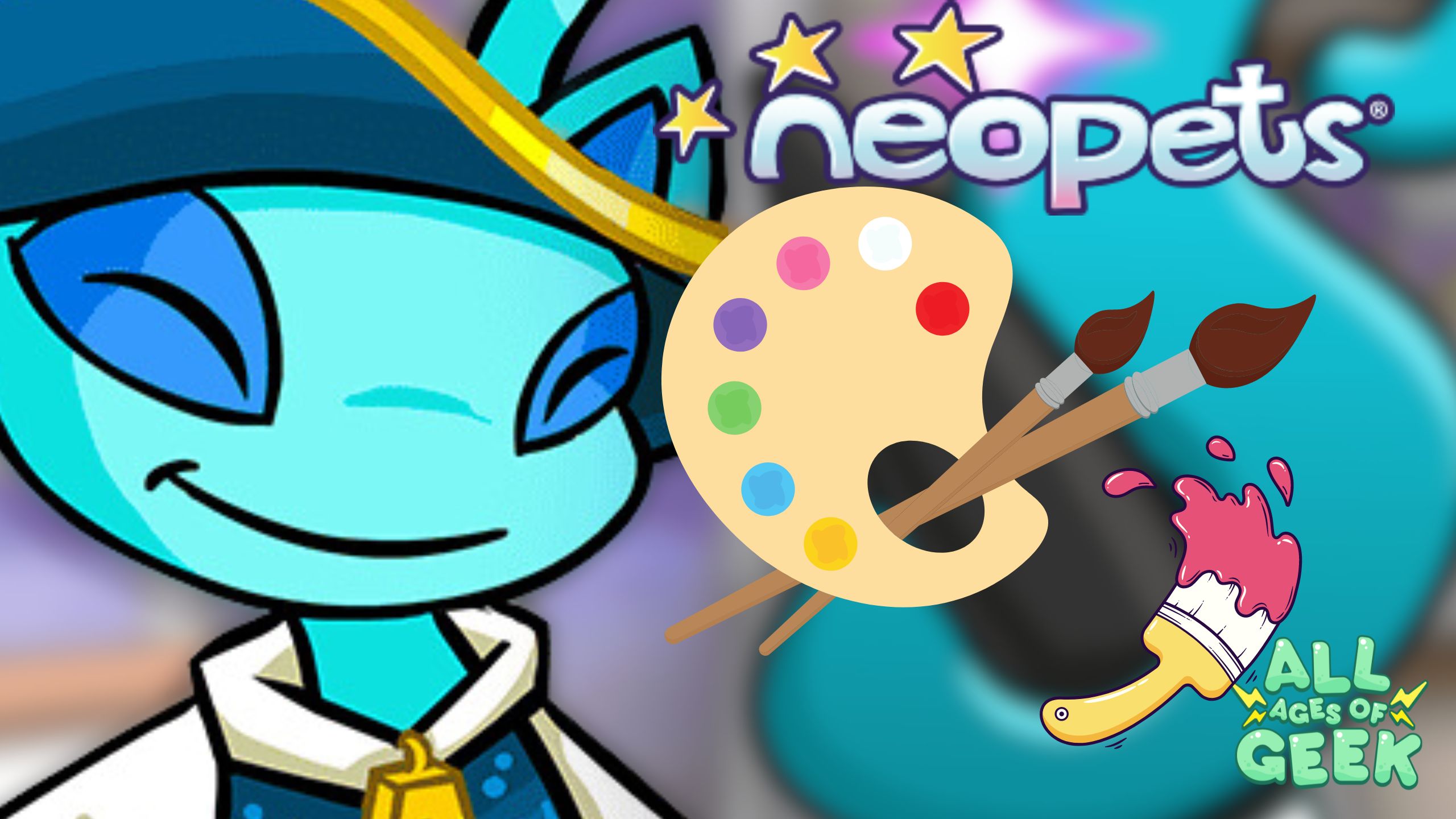 A cheerful blue Neopet character is smiling on the left side of the image. The Neopets logo is prominently displayed in the top right corner. A colorful artist's palette with paintbrushes is in the center, and the "All Ages of Geek" logo with a paintbrush dripping pink paint is in the bottom right corner.