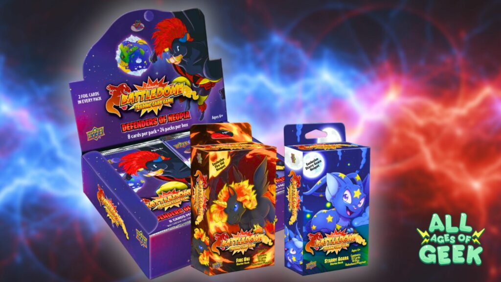 ### Alt Text "Promotional image for the Neopets Battledome Trading Card Game: Defenders of Neopia. The image features colorful packaging for the Fiery Uni and Starry Acara starter decks, along with booster packs. The background is a dynamic blend of blue and red, with the All Ages of Geek logo in the bottom right corner."