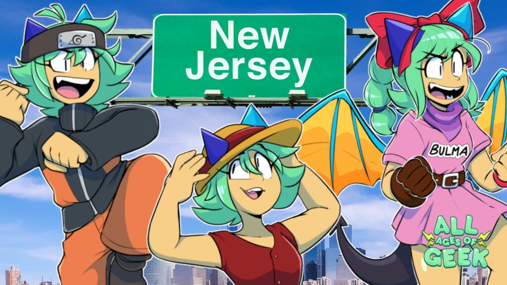 Kasai, the mascot of All Ages of Geek, is depicted in three different outfits against a New Jersey road sign background. The city skyline is visible below. Kasai is seen in a ninja outfit on the left, a pirate hat in the center, and a character costume with a "BULMA" shirt on the right. The All Ages of Geek logo is in the bottom right corner.