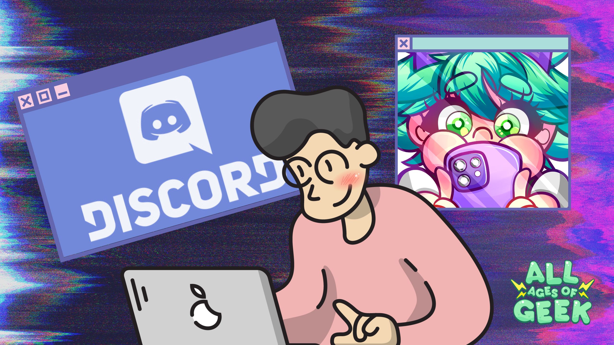 A person using a laptop, with a Discord logo in the background and a colorful anime-style character on another screen. The All Ages of Geek logo is visible in the corner.