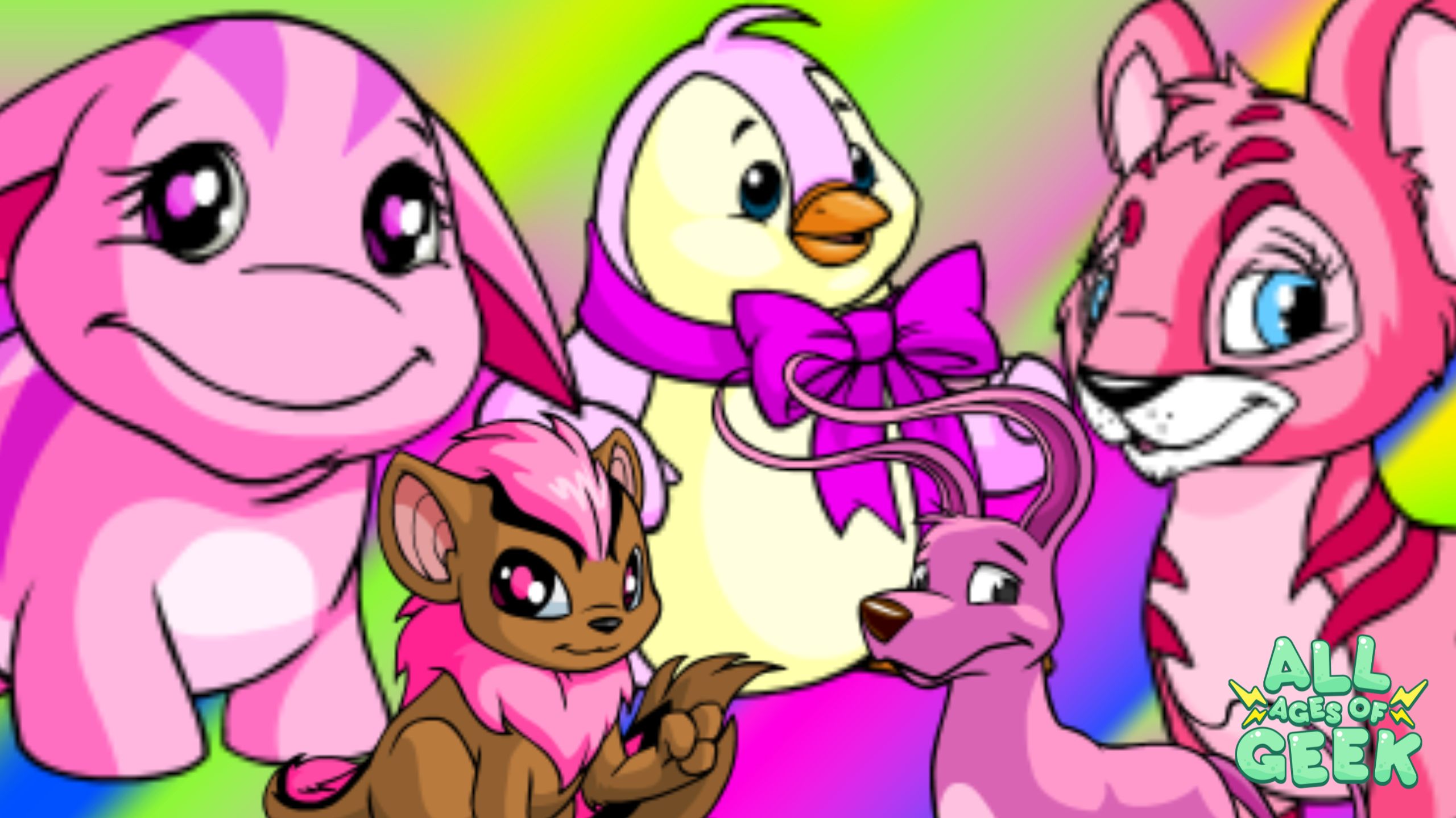 This image is a vibrant collage featuring five colorful, cartoonish creatures on a bright gradient background. 1. **Top Left**: A small, pink creature with darker pink stripes and large, friendly eyes. 2. **Top Center**: A cheerful penguin-like creature with a yellow belly, light pink feathers, an orange beak and feet, and a bright pink bow. 3. **Top Right**: A tiger-like creature with light pink fur, darker pink stripes, and blue eyes. 4. **Bottom Left**: A lion-like creature with light brown fur, a tuft of bright pink hair, large red eyes, and a bushy tail. 5. **Bottom Right**: A slender, four-legged creature with light pink fur and long, floppy ears. The "All Ages of Geek" logo is in the bottom right corner.