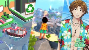 "Three vibrant game scenes side by side: a pixelated world featuring a boat and a recycling symbol, a character in a tropical setting overlooking a coastal town, and an illustrated character in a Hawaiian shirt with the All Ages of Geek logo."