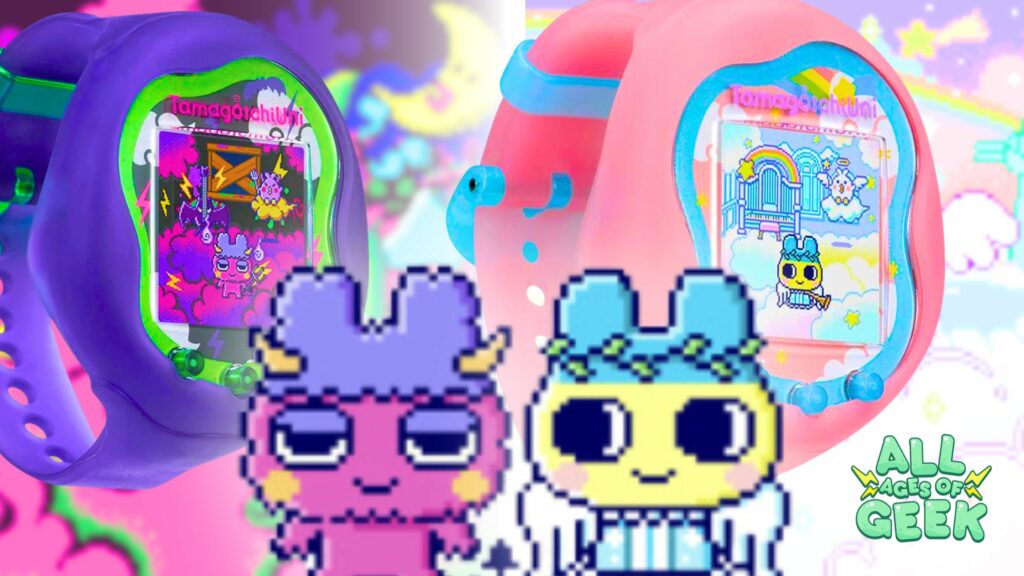 Two new Tamagotchi Uni editions are displayed, featuring the Angel Festival and Monster Carnival themes. The Angel Festival Tamagotchi has a light pink shell with light blue buttons and a rainbow and cloud design on the screen. The Monster Carnival Tamagotchi has a dark purple shell with green buttons and a spooky design with thunderbolts and bats on the screen. In front of the devices are pixel art characters representing the angelic and monstrous themes. The "All Ages of Geek" logo is visible in the bottom right corner.