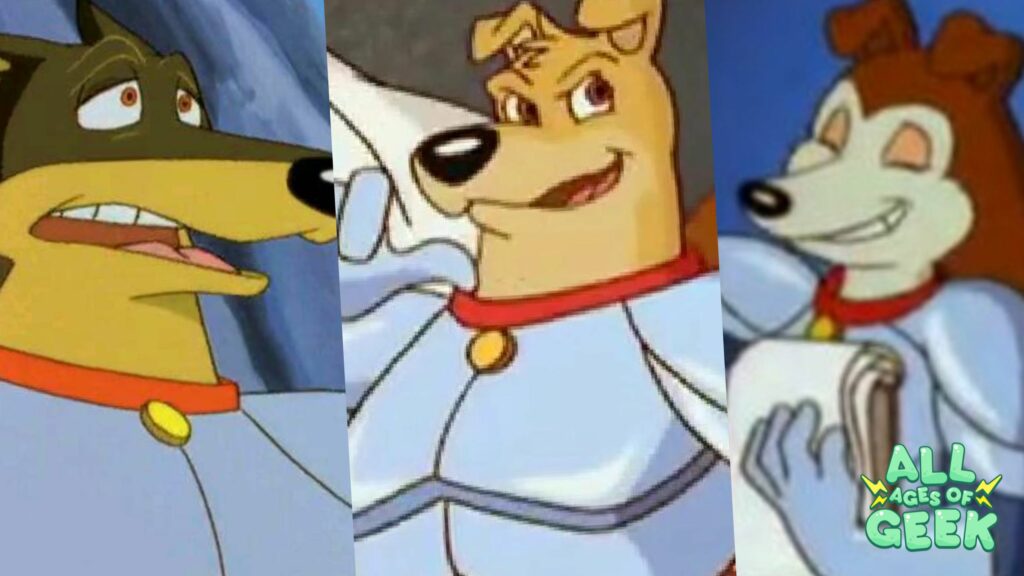 Collage of three Road Rovers characters from the '90s animated show, featuring dogs in superhero uniforms with the All Ages of Geek logo in the corner.