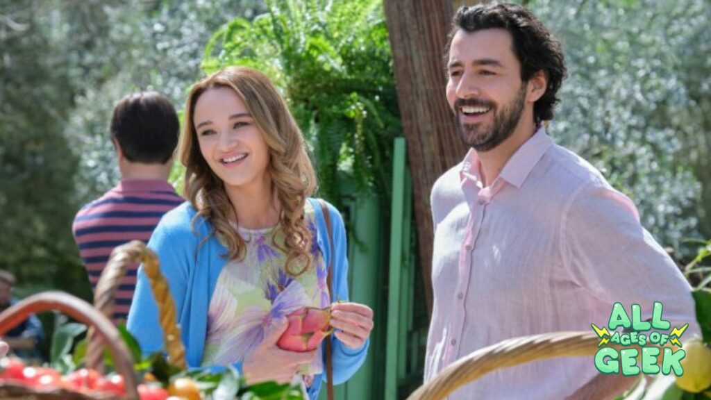 "Two Scoops of Italy" Hallmark Movie: A smiling woman and man enjoying a sunny day at an outdoor market, surrounded by fresh produce and greenery, with the All Ages of Geek logo in the corner.