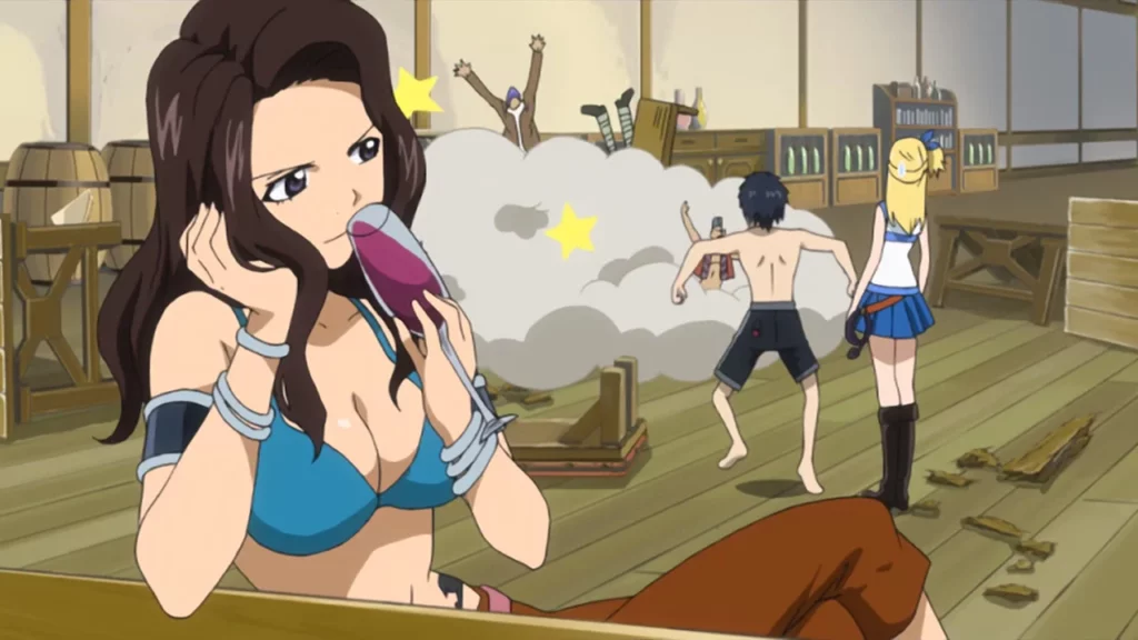 Fairy Tail's Cana drinking wine from a wine glass looking back at Gray Fullbuster and Lucy who watch the Fairy Tail guild members fight.