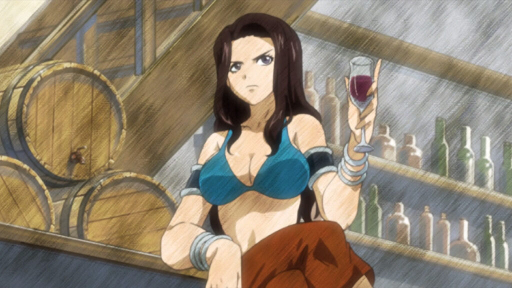 Cana from Fairy Tail holding a full wine glass with a paper layer overscaled on her image.