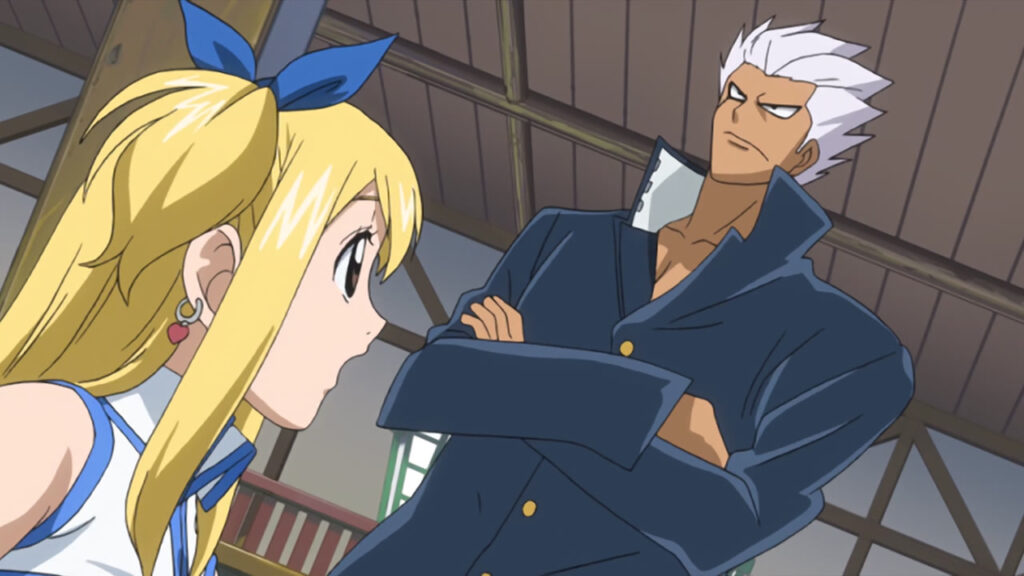 Elfman from Fairy Tail looking at Lucy with his big arms folded over each other as Lucy stares up at him with a gaped mouth in awe.