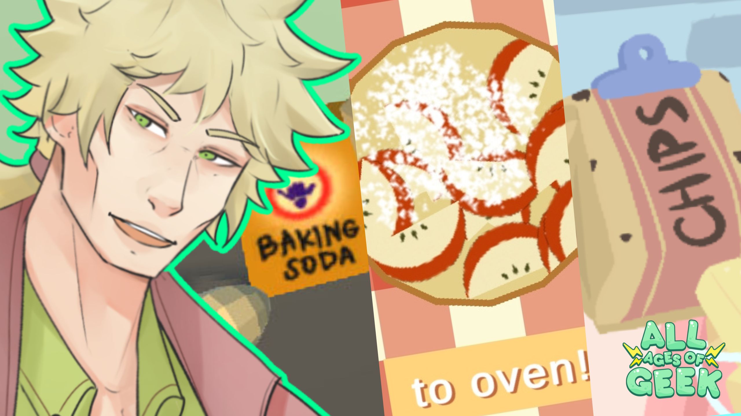 Damien, the green-eyed, blond-haired character from "I Married a Monster on a Hill," stands beside vibrant images of baking ingredients like baking soda, chocolate chips, and an apple pie in preparation. The All Ages of Geek logo is visible in the bottom right corner.