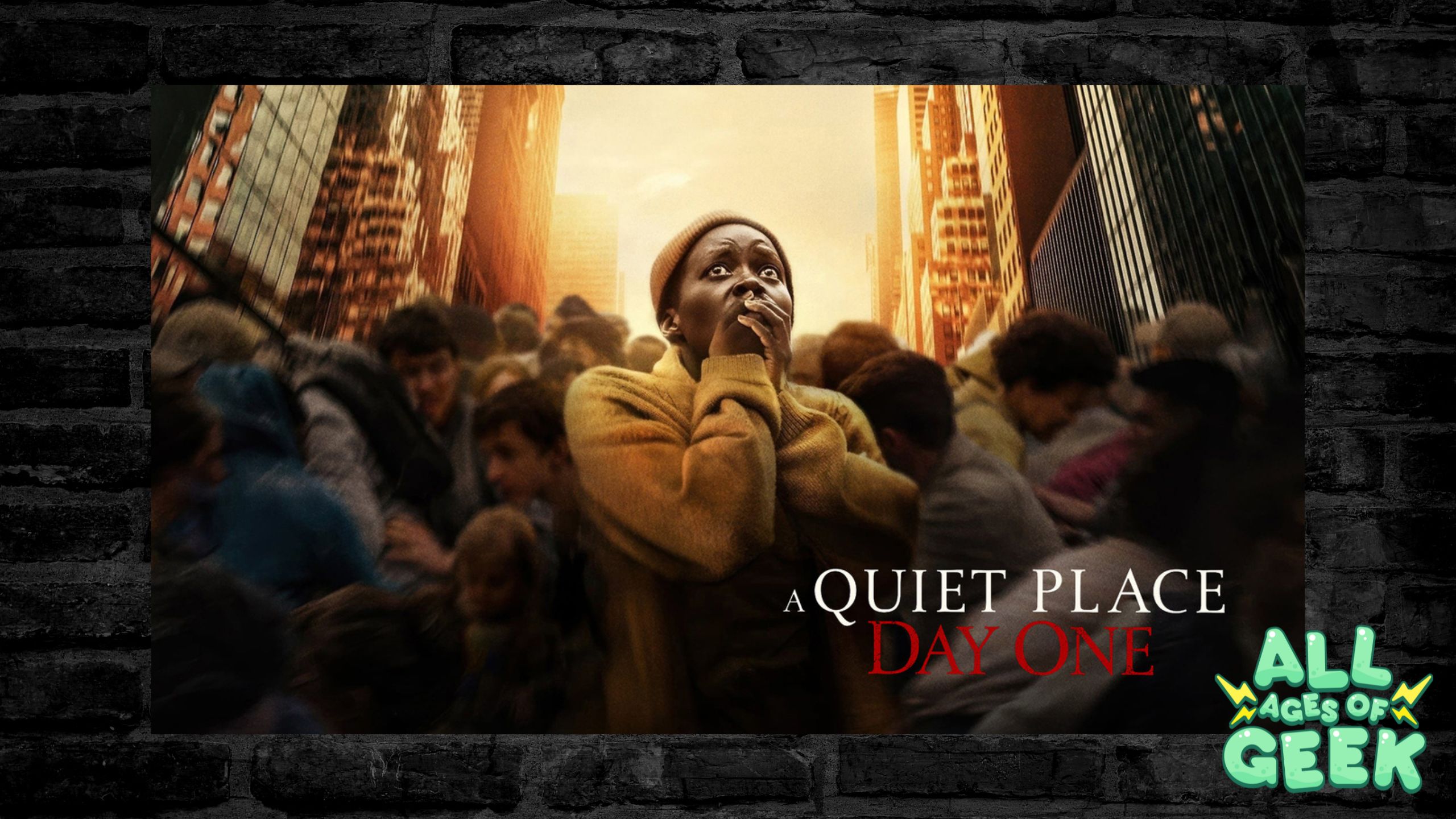 A promotional image for "A Quiet Place: Day One" featuring a woman in a yellow coat looking terrified amidst a crowd in a city setting. The background showcases tall buildings bathed in a warm light. The All Ages of Geek logo is visible in the bottom right corner.