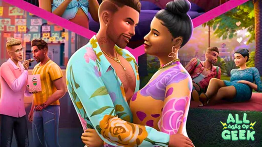 A vibrant image showcasing scenes from The Sims 4 expansion pack "Lovestruck." The center features a couple embracing and smiling at each other, dressed in colorful floral outfits. To the left, another couple enjoys a romantic moment, sharing a snack on a bustling street decorated with banners. On the right, a couple relaxes on the grass in a park, with heart icons above their heads indicating affection. The All Ages of Geek logo is positioned in the bottom right corner.