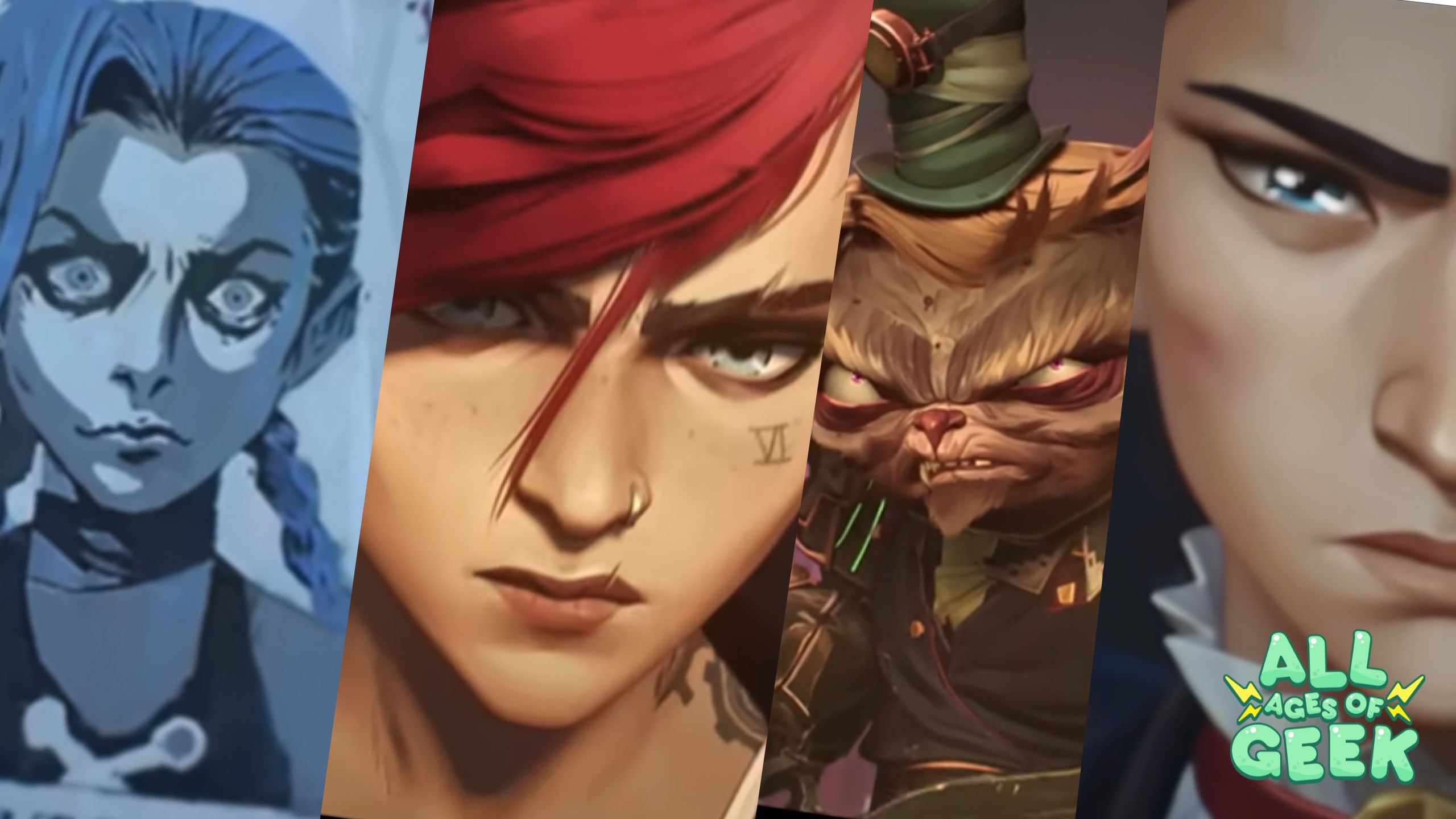 "Arcane Season 2 characters lineup featuring striking visuals of the main cast from the animated series. From left to right, a sketch of Jinx, Vi with her intense gaze, a fierce-looking Teemo, and a stern Caitlyn, with the All Ages of Geek logo at the bottom right."