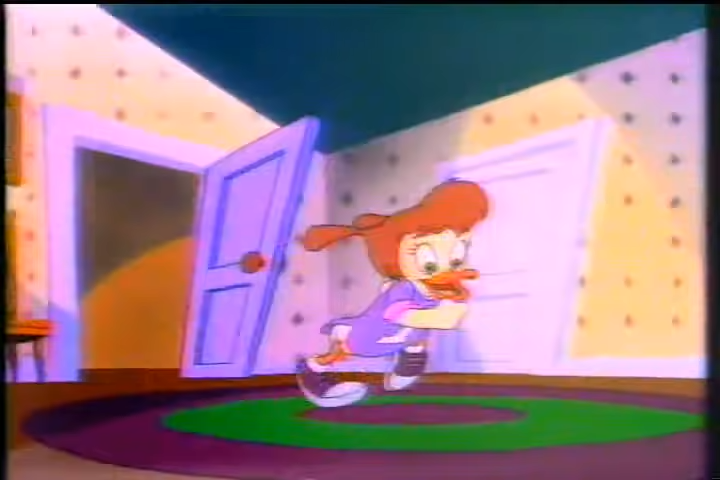 Darkwing Duck young girl character running into a very 90s decorated room.