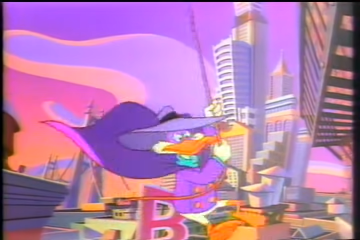 Darkwing Duck flying through the air on his grappling hook with a purple background.