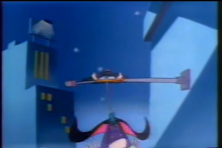 Darkwing Duck hitting his neck on a flag pole looking hurt and stressed at night with a blue background.