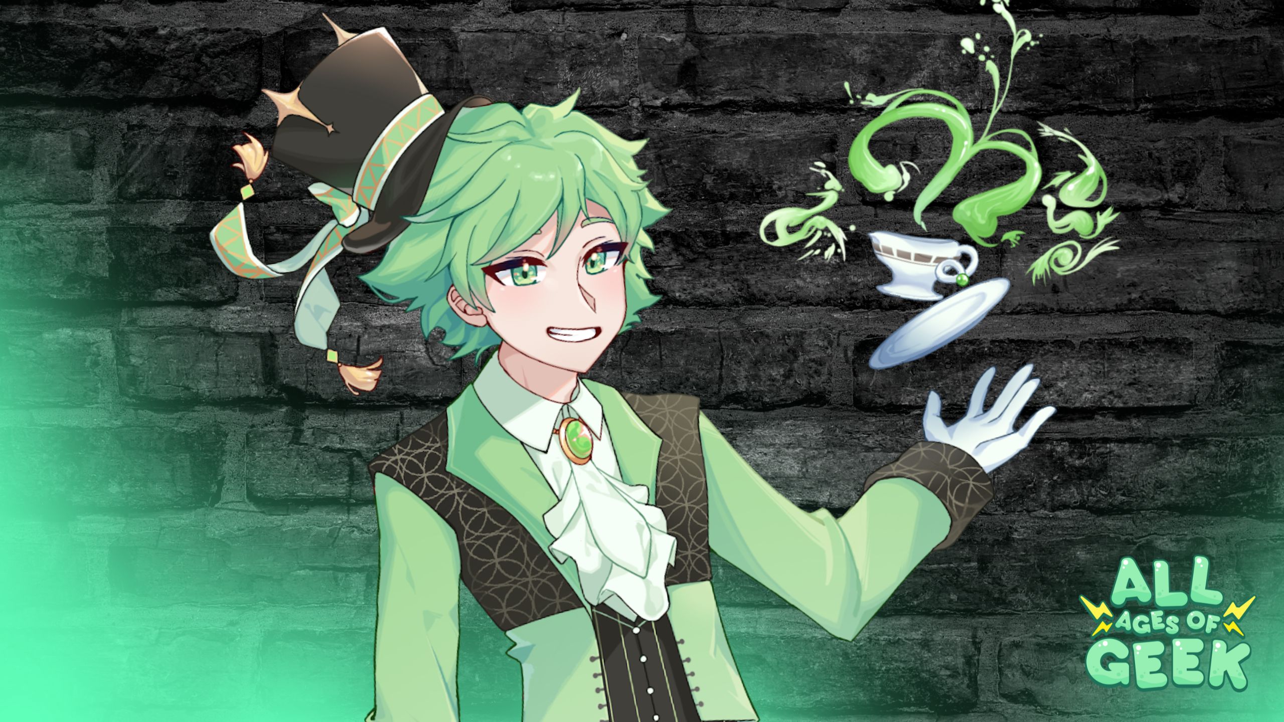 An illustration of a character with green hair, wearing a green and brown outfit, and a top hat with ribbons. The character is smiling and holding a floating tea cup and saucer with green, whimsical patterns emanating from it. The background is a dark brick wall with a green gradient at the bottom. The All Ages of Geek logo is present in the bottom right corner.